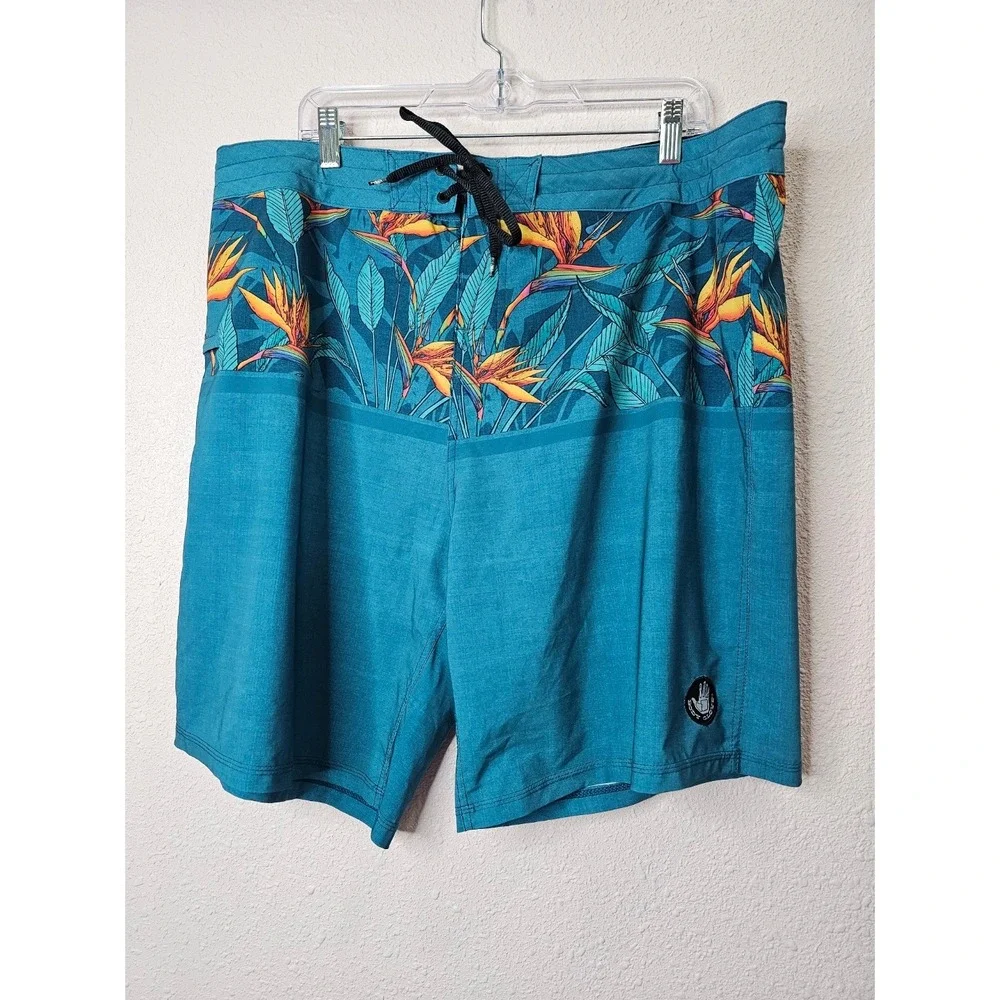 Body Glove Mens Vapor Board Shorts Teal Blue Floral Bird of Paradise Size 40
